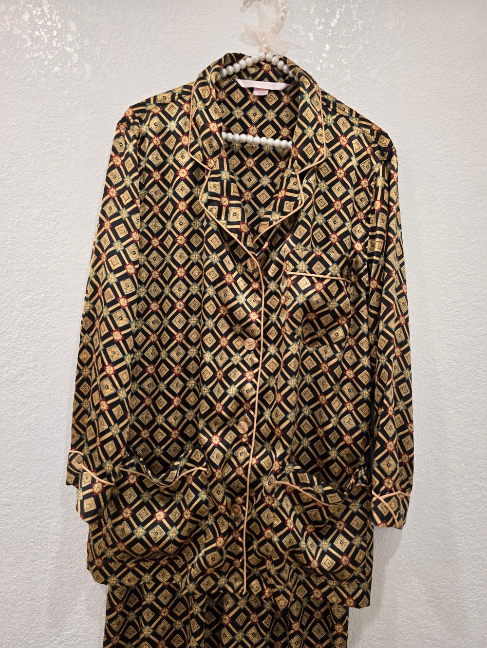 vintage Victoria's Secret pajama set black gold geometric pattern S - Picture 3 of 7